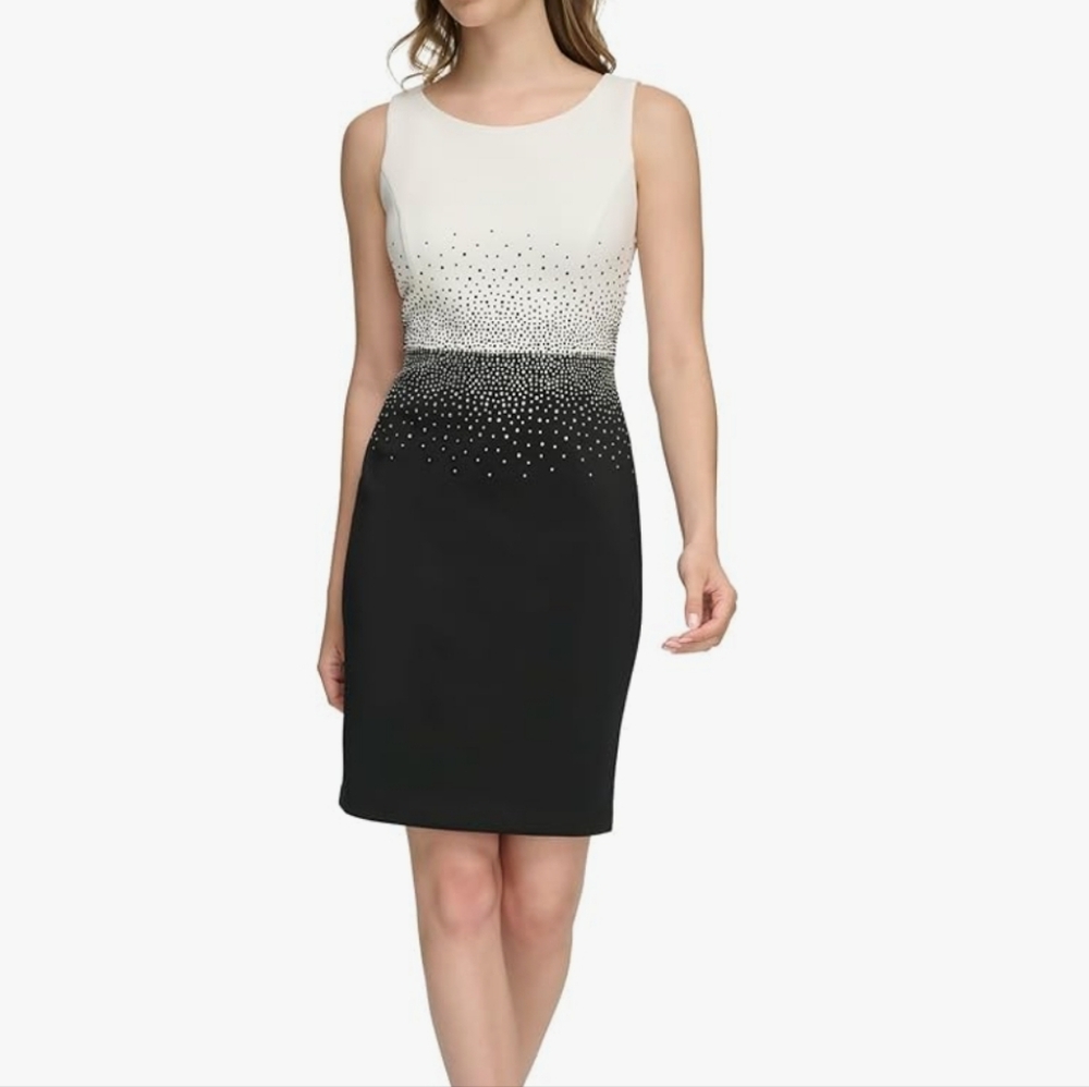 Calvin Klein Blue and White Embellished Sheath Midi Dress - Picture 3 of 3